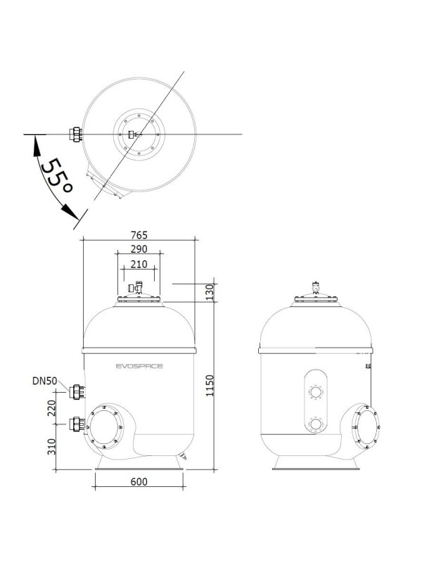 Фильтр Evo Cosmo Pro, d= 765 мм, DN50, засыпка - 600 мм, H = 1150 мм, звезда, серв. окно, без кл.